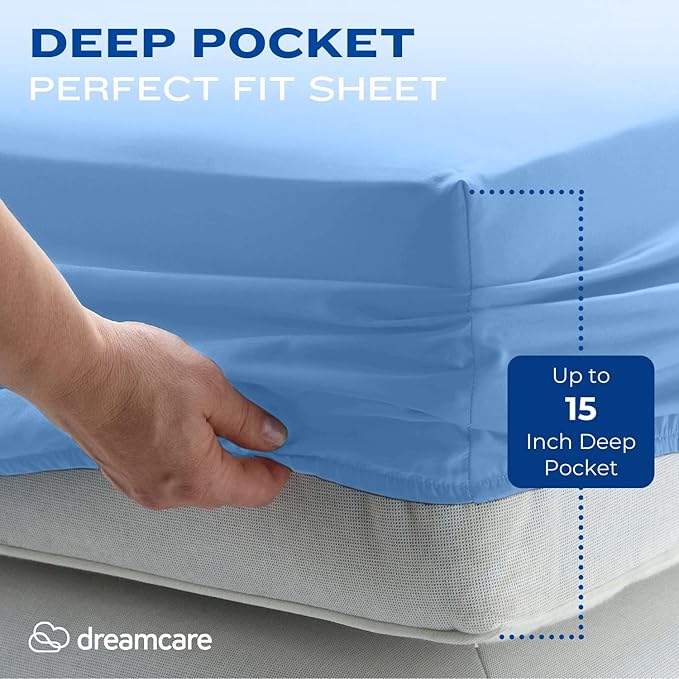 DREAMCARE Twin XL Sheet Set - Cooling Bed Sheets - 4pcs Set - up to 15" Deep Pocket - Soft & Long Lasting 100% Fine Brushed Polyester with Side Pocket - Light Blue