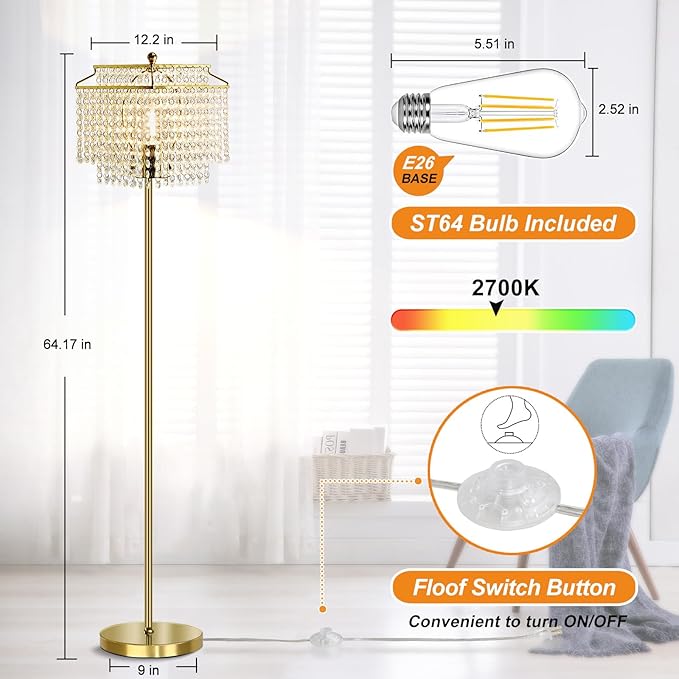 Luvkczc Gold Crystal Floor Lamp, 64" Tall Elegant Standing Lamp with On-Off Foot Switch, Double-Layer Lampshade, Standing Floor Lamps for Living Room, Bedroom, Office, 8W LED Bulb Included