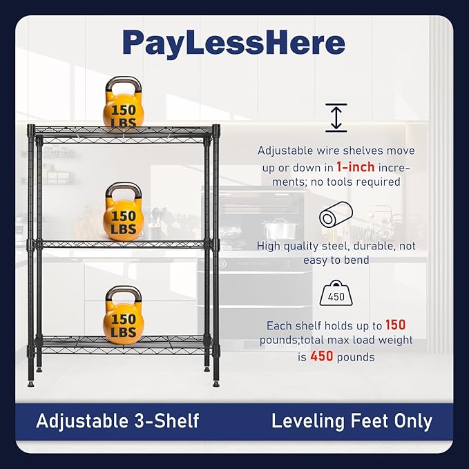 PayLessHere | 3-Tier Wire Shelf | 23"x13"x30" | Black | Adjustable Racks | Heavy-Duty Storage Shelves, Holds Upto 450 lbs | Rust-Resistant, No-Tool Assembly | for Home, Garage Shelving