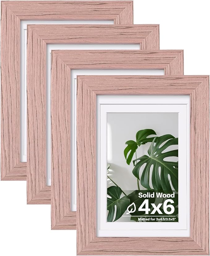 Egofine 4x6 Picture Frames Set of 4, Made of Solid Wood Covered by Plexiglass 3.5x5 with Mat or 4x6 without Mat, for Table Top Display and Wall Mounting Photo Frame Peach Pink