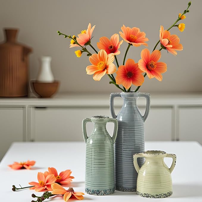 Ceramic Vase Set of 3 with Handles - Farmhouse Vase Set for Modern Decoration, Rustic Crackle Round Vases for Home Decor, Dining Table, Living Room, Kitchen, Office, Shelf - Multicolor