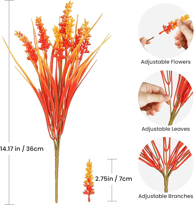 N&T NIETING 6 Bundles Artificial Fall Plants Outdoor Fake Monkey Grass with Lavenders Flowers for Pot Garden Verandah Decor for Thanksgiving Autumn Weddings Patio Hanging Planter Front Porch (Orange)