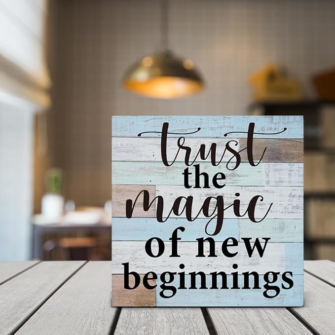 Trust the Magic of New Beginnings Wooden Box Sign Desk Decor, Inspirational Quote Wood Box Sign for Home Office Shelf Table Decoration 5 X 5 Inch