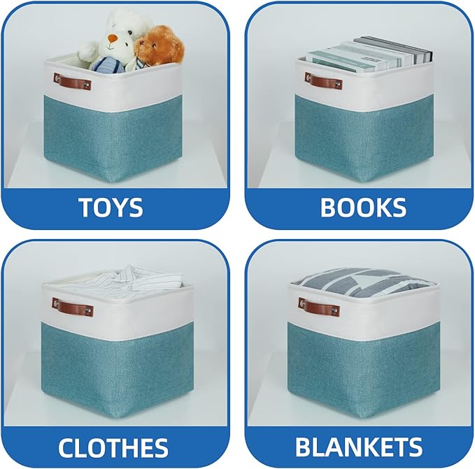 Temary 11 Inch Cube Storage Bins Cubes Storage Baskets 4 Pack Fabric Baskets for Gift Empty, Collapsable Fabric Storage Cubes Basket for Storage clothes, Teal Storage Bins for Shelves (White&Teal)