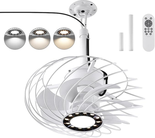 15" Outdoor Ceiling Fan with Light, Waterproof Gazebo Fan Remote Control, Dimmable LED Light, Hanging White Caged Ceiling Fixtures with Plug in Cord for Pergola