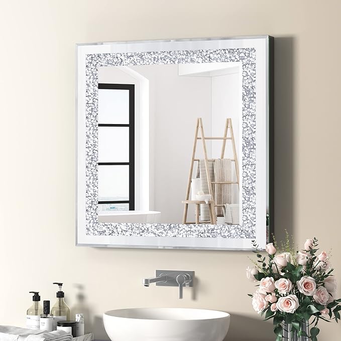 Crystal Decorative Mirror-24 x24 Rectangle Gorgeous Silver Mirror, Crush Diamond Mirror for Wall Decoration Bedroom, Hallway, Dining Room