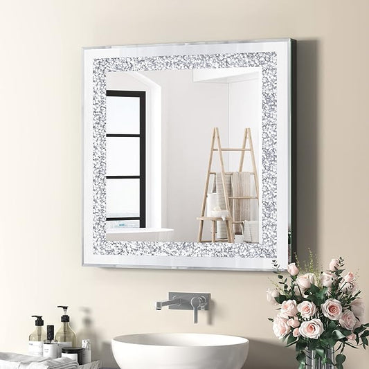 Crystal Decorative Mirror-24 x24 Rectangle Gorgeous Silver Mirror, Crush Diamond Mirror for Wall Decoration Bedroom, Hallway, Dining Room