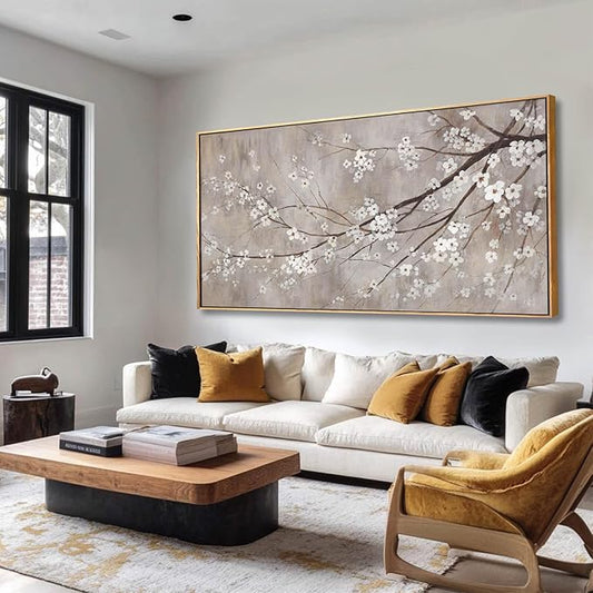 Flowers Wall Art Grey Pictures Wall Painting Large Framed Canvas Art Landscape Artwork for Dining Room Home 29"x 58" Ready to Hang