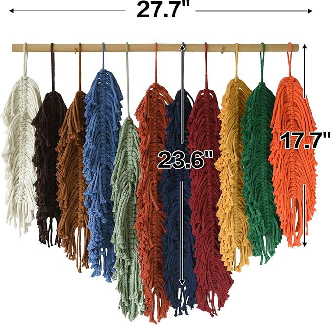 Jakalin Macrame Wall Hanging Leaf, Colorful Yarn Feathers Boho Wall Decor, Handmade Woven Tapestry for Bedroom, Nursery, Living Room, Boho Chic Fiber Art Wall Hanging 27.5" W x 23.6" L