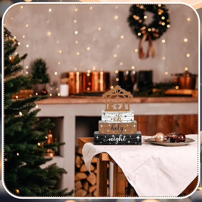 Geelin 4 Pieces Christmas Nativity Scene Table Decorations Xmas Wooden Silent Night Block Signs Holy Night Tabletop Centerpieces Farmhouse Tiered Tray Decor for Home Table Kitchen Shelf