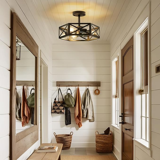 Modern Semi Flush Mount Ceiling Light,3-Light Hexagon Flush Mount Ceiling Lights for Dining Room Light Fixture,Farmhouse Black Metal Kitchen Island Lighting Fixtures for Hallway,Bathroom