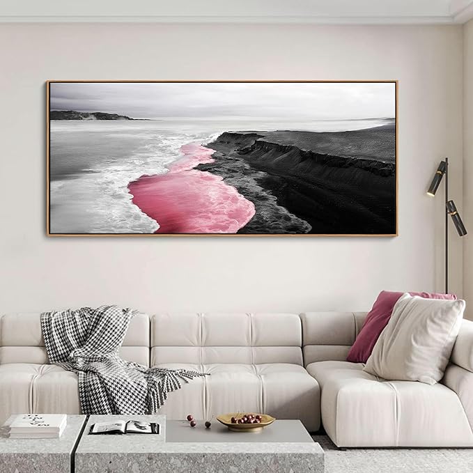 Extra Large Pink Coastal Wall Art - Beach Canvas Wall Decor Black and White Picture for Living Room Bedroom Framed Artwork Ocean Pictures Seascape Painting bedroom Decoration Above Bed Size 70×31Inchs