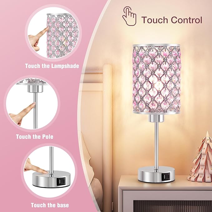 Crystal Table Lamp, Pink Touch Lamp with USB C+A Ports, 3 Way Dimmable Lamp with Crystal Shade, Bedside Lamp Small Lamp for Girl Bedroom, Living Room(Buld Included)