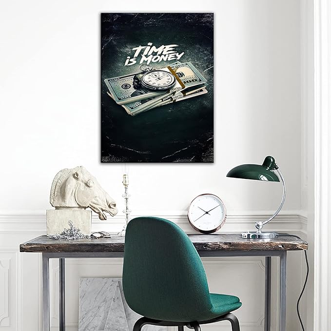 Inspirational Modern Pictures Canvas Print Vintage Painting Time is Money Nordic Wall Art Quotes Positive Poster Home for Living Room Decoration Framed Ready to Hang [24''W x 18''H]