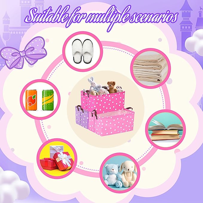 3 Pack Storage Baskets Waterproof Canvas with Leather Handles Storage Bins Basket Organizer Collapsible for Closet Clothes Room Decor(Pink, Rose Red, Light Purple,Dot)