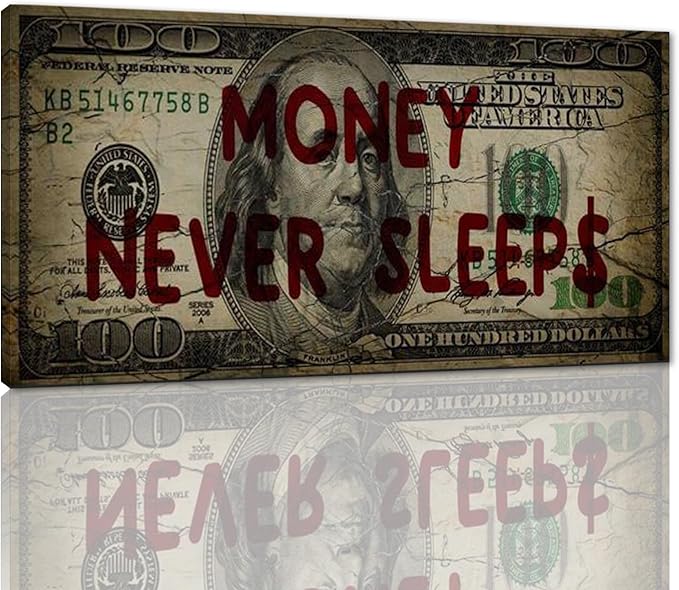 Canvas Money Wall Art Money Never Sleeps Inspirational Dollar Artwork Poster Canvas Painting Framed Ready to Hang-48x24 inches