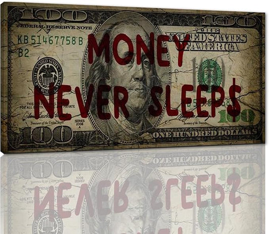 Canvas Money Wall Art Money Never Sleeps Inspirational Dollar Artwork Poster Canvas Painting Framed Ready to Hang-48x24 inches