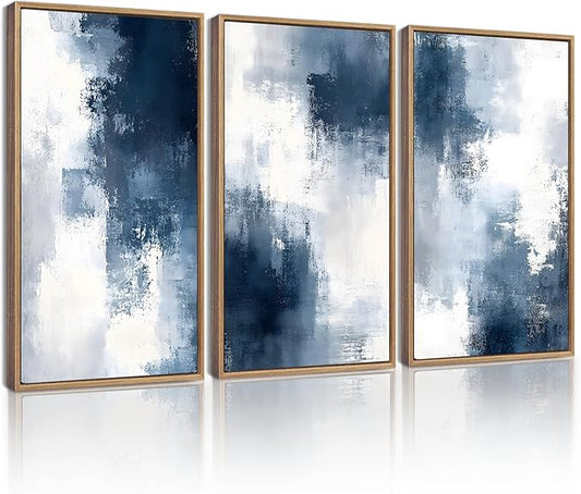 KUVIOKE Navy Blue Abstract Wall Art Framed Neutral Brush Strokes Block Shape Mid Century Art Prints Minimalist Modern Illustrations Bedroom Hallway 16x24in (Natural Framed)