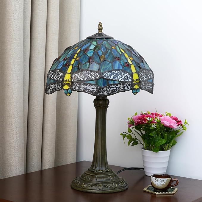Tiffany Style Stained Glass Table Lamp 12 Inch Blue and Green Dragonfly Reading Bedside Lamp Suitable for Study Dormitory Bedside Coffee Shop Retro Table Lamp Home Decoration Art