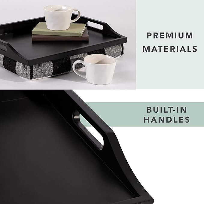ROSSIE HOME Wood Bed Tray Lap Desk - Set of Two - with Hyacinth Storage Basket - Buffalo Check - Fits up to 15.6 Inch Laptops - Style No. 70108
