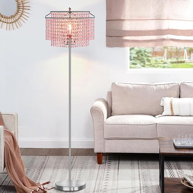 Luvkczc Pink Crystal Floor Lamp, 64" Tall Standing Lamps with Double-Layer Lampshade, Floor Lamps with On/Off Foot Switch, Elegant Floor Lamp for Living Room, Girl Bedroom, Dresser, Office