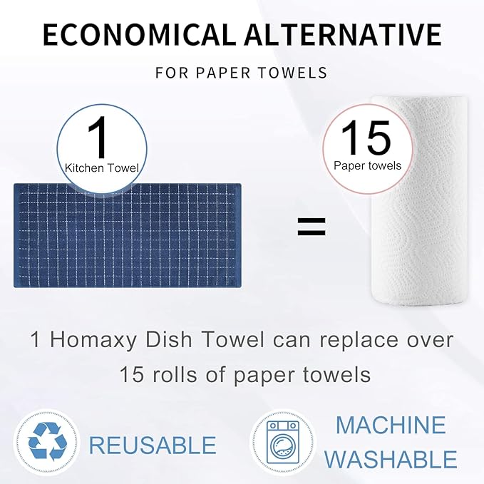 Homaxy 100% Cotton Terry Kitchen Towels(Navy Blue, 13 x 28 inches), Checkered Designed, Soft and Super Absorbent Dish Towels, 12 Pack
