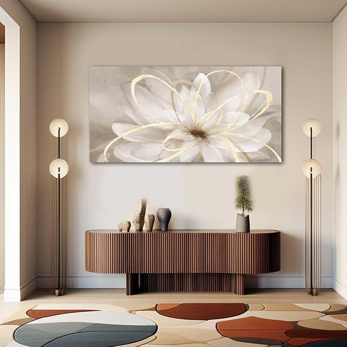 Kureful Gold Wall Decor Floral Canvas Wall Art Flower Pictures for Wall Grey Background Office Wall Decorations 24"x48" Art for Home Kitchen Hotel