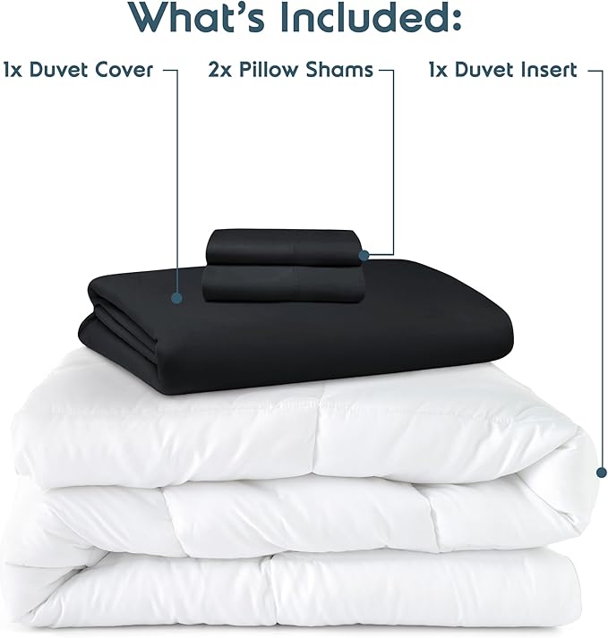 Nestl King Duvet Cover Set with Comforter Insert - Black 4 Piece 104x90 Duvet Cover & 2 Pillow Shams with White Quilted Down Alternative Comforter, Ultra Soft, All Season