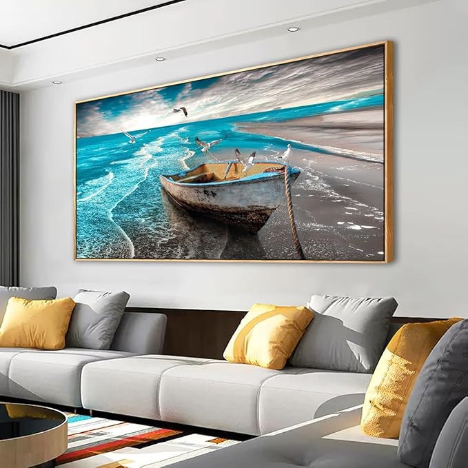 Ocean Canvas Wall Art Prints Waves Seascape Paintigns Boat Seagulls Beach Wall Decor for Living Room Bedroom Natural Scenery Artwork 20 * 40inch