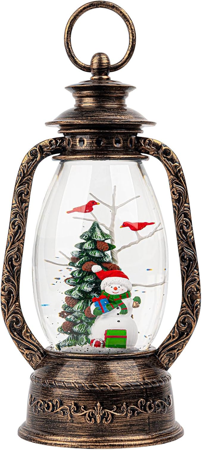 Christmas Snow Globe Lantern Water Glittering Snowman with Christmas Tree, USB Lined/Battery Operated Lighted Lantern for Christmas Festival Decoration Gifts