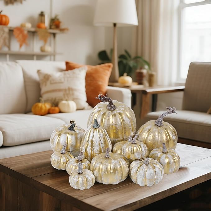 winemana 12 Pcs Thanksgiving Pumpkin Decorations, Assorted Sizes Artificial Foam Golden Pumpkins Fall Autumn Decor for Harvest Table Home Indoor Outdoor