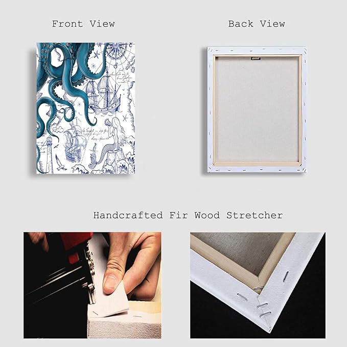 Nautical Ocean Wall Art, Coastal Canvas Print with Octopus and Ships, Blue Marine Life Artwork Decor for Bathroom, Coastal Bedroom, Living Room or Beach House 12 x 16 inches