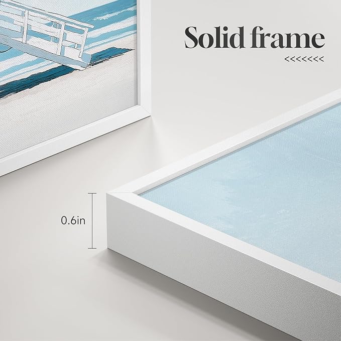 Framed Blue Coastal Beach Wall Art for Room Decor, 4 Piece Beach Ocean Bathroom Canvas Pictures Prints, Palm Tree Surfboard Coastal Summer Artwork for Living Room Bedroom Office Walls Decor, 11x14 In