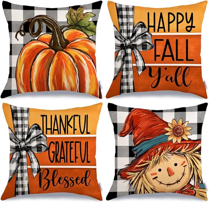 GEEORY Fall Throw Pillow Covers 20x20 Inch Set of 4, Pumpkin Scarecrow Buffalo Plaid Orange Autumn Seasonal Decorative Farmhouse Decoration for Home G563-20