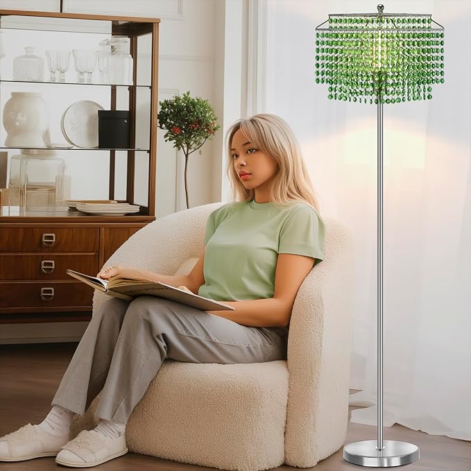 Crystal Floor Lamp, 64" Tall Elegant Standing Lamp with On-Off Foot Switch, Silver Lamp with Green Double-Layer Crystal Lampshade , Standing Lamps for Bedroom, Living Room, Office, 8W Bulb Included