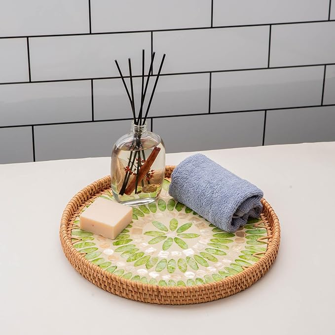 11.8' Wicker Round Rattan Mother of Pearl Serving Basket Tray for Décor Coffee Table | Large Boho Circle Woven Decorative Trays for Outdoor, Home, Kitchen Display (Neon Green)