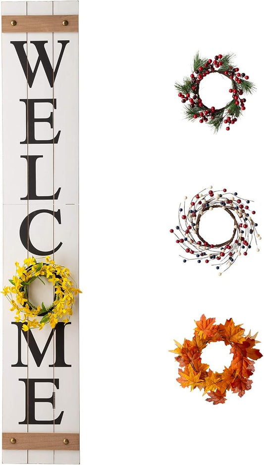 Glitzhome Welcome Sign with 4 Interchangeable Floral Wreaths for Front Door Porch, Farmhouse Wooden Hanging Wall Sign for Seasons Spring Fall Harvest Thanksgiving Christmas, 60”H, White