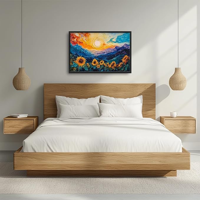 Sunflowers Framed Wall Art for Living Room, Large Flowers Canvas Wall Decor, Vintage Florals Pictures Painting, Modern Landscape Artwork for Bathroom Bedroom 36L'' × 24W''