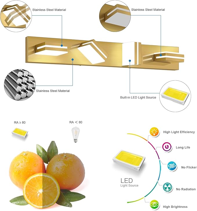 SineRise LED Modern Bathroom Vanity Light Fixtures (4-Light, 30-Inch), Brass Modern Acrylic Bathroom Wall Lighting Fixtures Over Mirror (Cool White 6000K)