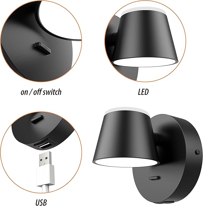 URSOLA Wall Light LED Wall Sconce with On/Off Switch USB Port 110 Volt Hardwired Wall Lamp 350 Rotatable Up Down Sconces Wall Lighting (Black)
