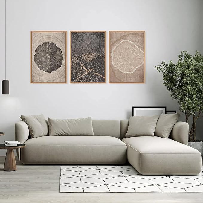 HOURIA Neutral Brown Tree Rings Framed Canvas Wall Art Set,Modern Beige Tan Wood Stump Wall Decor,Vintage Abstract Tree Spiral Art Print,Nature Black Artwork for Living Room,Bedroom,Office- 16"x24"x3