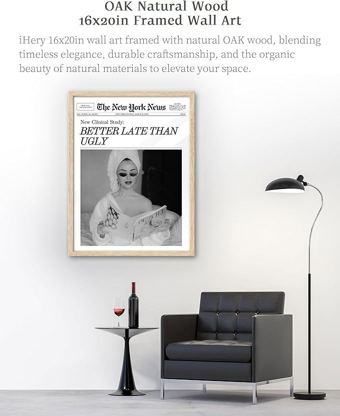 iHery Natural OAK Wood Trendy Retro Newspaper Headline Framed Wall Art, Large 16x20 in Better Late Than Ugly Vintage Bedroom Canvas Wall Art,Beige Preppy Funky Bathroom Living Room Decor Set of 1