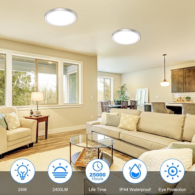 Peasur 12 Inch LED Ceiling Light Brushed Nickel, 24W Slim Flush Mount Ceiling Light 3000K/4000K/6500K Adjustable, Modern Round Ceiling Lighting for Bedroom, Living Room, Kitchen(2 Pack)