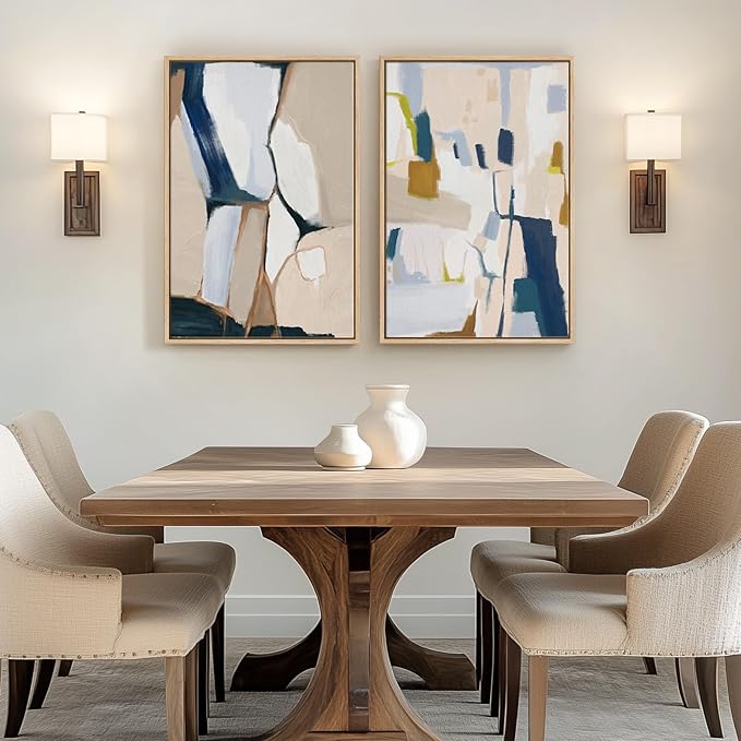 Large Framed Neutral Abstract Wall Art, 2 Piece Beige and Navy Blue Modern Minimalist Canvas Prints Paintings Artwork for Walls, Colorful Pictures for Living Room Dining Bedroom Wall Decor 20x30 In