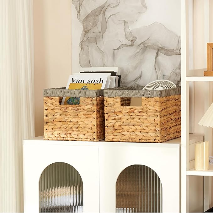 Wicker Storage Basket 2 Pack, Water Hyacinth Storage Baskets with Built-in Handles, Large Wicker Baskets for Storage & Organizing, Natural with Grey