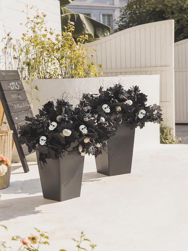 18pcs Fake Plants Outdoor, Halloween Maple Pumpkin Branch, Autumn Artificial White Pumpkins Stem with Black Maple Leaves, Faux Maple Leaves Spray for Halloween Thanksgiving Home Deocr(Black)