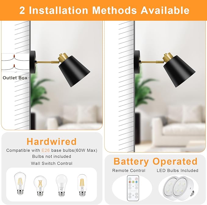 Battery Operated Wall Sconces Set of 2, Wireless Wall Lights Dimmable with Remote Control, Indoor Sconce Wall Decor, LED Cordless Black Wall Mounted Lamps for Bedroom Living Room Hallway