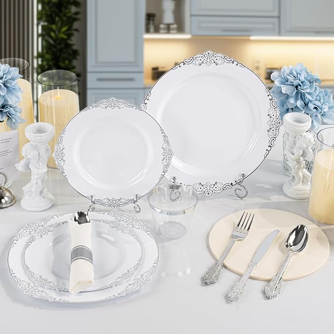 350PCS Silver Plastic Plates for 50 Guests, Disposable Dinnerware Sets Include 100 Silver Rim Plastic Plates, 50 Silverware, 50 Pre Rolled Napkins for Party, Wedding & Decor