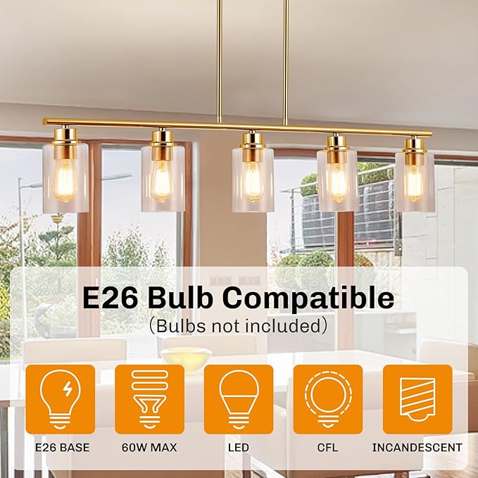 Kitchen Island Light, 5-Light Pendant Lighting, Farmhouse Industrial Dining Room Light Fixtures for Kitchen Island Dining Living Room, Brushed Gold with Clear Glass Shade