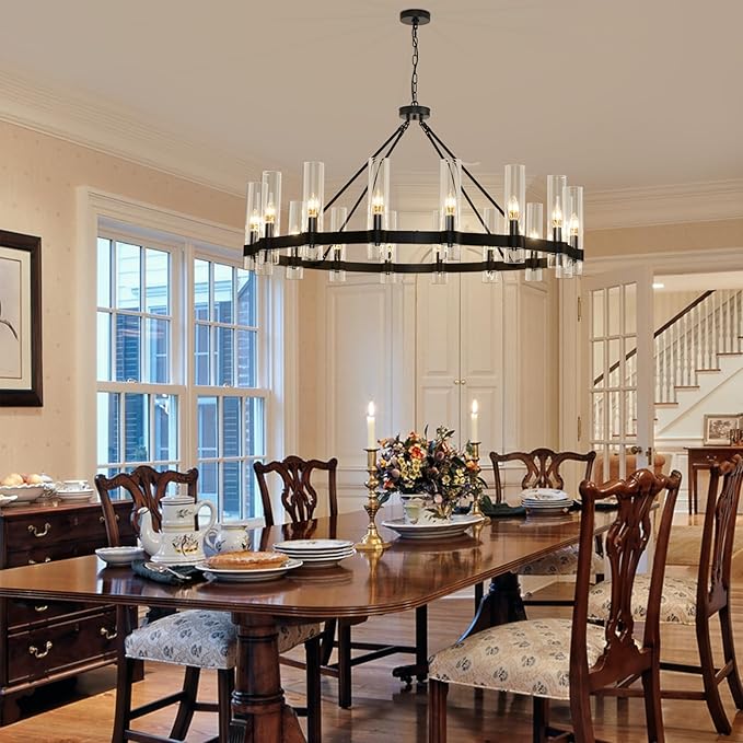 48 Inch Black Wagon Wheel Chandelier with Glass Shade, 16-Lights Black Farmhouse Chandeliers for High Ceilings, Large Round Industrial Pendant Lights for Dining Room Living Room Bedroom Foyer